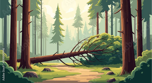 Pixelated forest scene with a fallen tree across a path