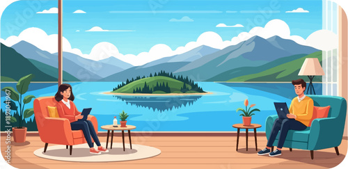 People working on laptops by a tranquil lake with mountains