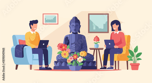 People working on laptops by a Buddha statue with flowers