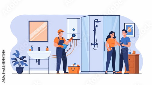 Repairman checks water heater while couple consults with him in bathroom