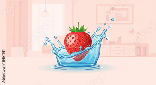 Red berry splashes into clear water with a blurred room background