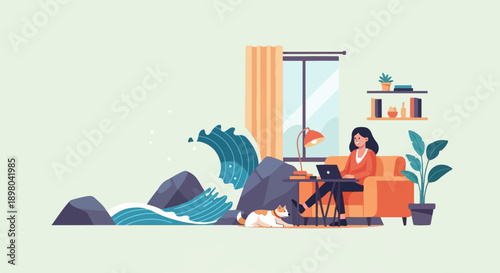 Person works on laptop at home with dog and crashing waves