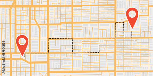 Light city map background with travel destination pins in flat style. Concept of travel, destination, location, route. Vector banner, top view.