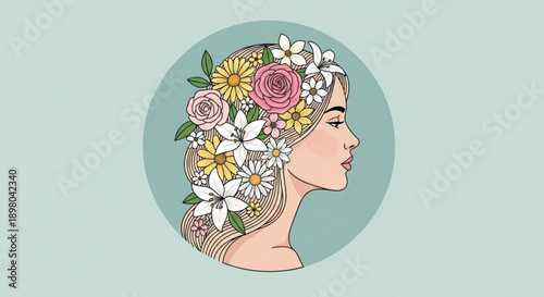 Woman's head with flowers in her hair on a light green background