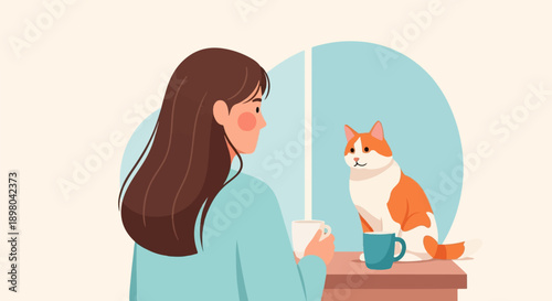 Person with coffee and cat by the window