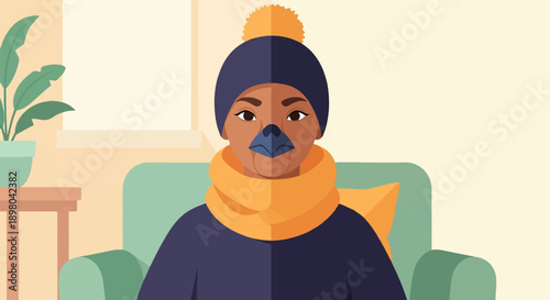 Person with bird-like features, wearing a winter hat and scarf, sits indoors