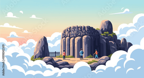 Pixelated hikers ascend rocky peaks surrounded by soft clouds under a warm sunset sky