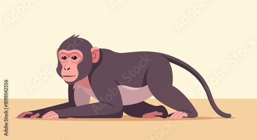 Pixelated monkey with large eyes and dark fur, resting on a sandy surface