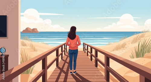 Person walks on wooden pier towards ocean, sand dunes and islands