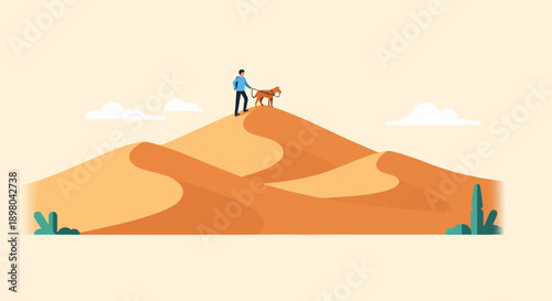 Person walks dog on desert dune with stylized plants