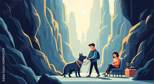 Person walks dog near seated companion in vast canyon with warm sunlight