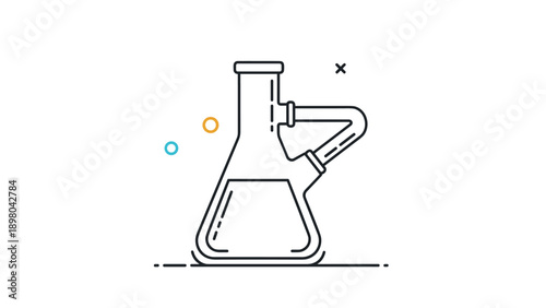 Erlenmeyer flask with side arm containing chemical liquid represented in a minimal line art style for scientific and medical contexts.