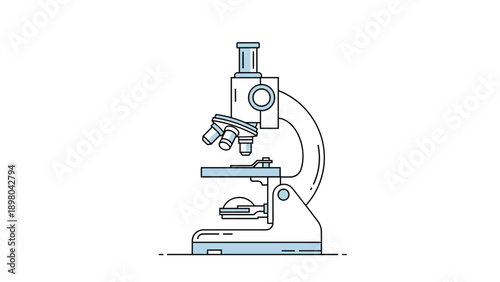 Scientific optical microscope used for laboratory research and biological sample examination displayed as a clean vector illustration.