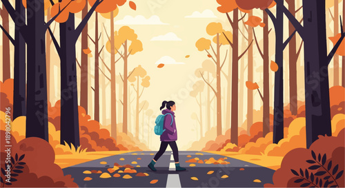 Person walking on road in autumn forest