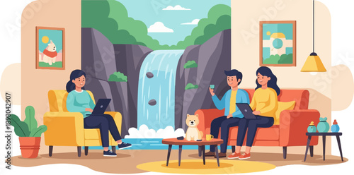 People working on laptops in a living room with a waterfall backdrop