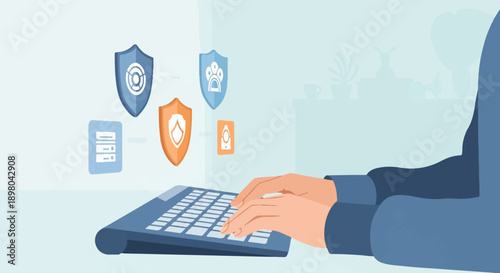 Person typing on laptop, digital shields, and abstract background