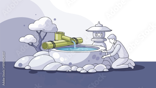 Person tending to a tranquil water feature with bamboo and stone elements