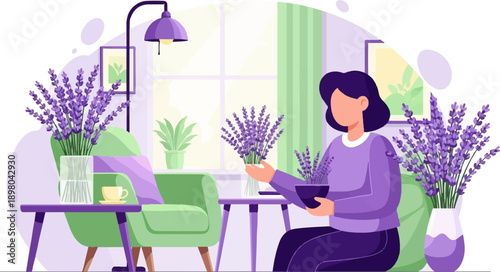 Person tending to lavender in a cozy, sunlit room