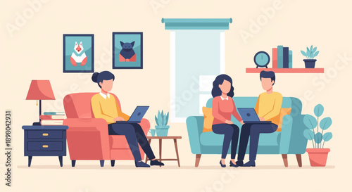 People working on laptops in a living room, with art and plants