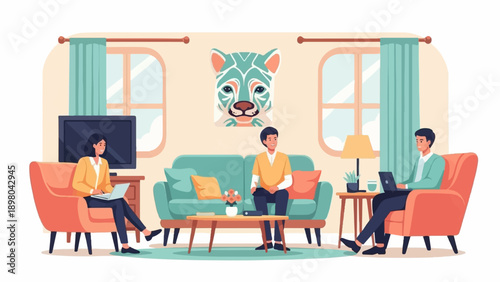 People working on laptops in a living room with a stylized animal portrait