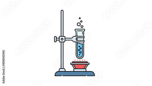 Scientific experiment setup with a test tube held in a clamp over a red burner heating blue liquid with rising bubbles for research.