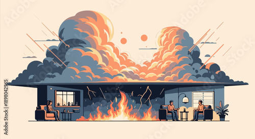 Pixelated scene depicts two rooms in a home with a large fire raging above