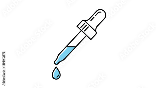 Eye dropper or pipette containing light blue liquid with a single droplet falling from the tip in a clean vector illustration style.