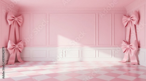 Elegant Pink Room Interior with Decorative Bows, Checkered Floor, and Soft Lighting for Product Display