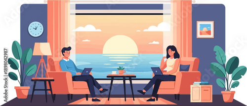 People working on laptops in a living room with a scenic ocean sunset view