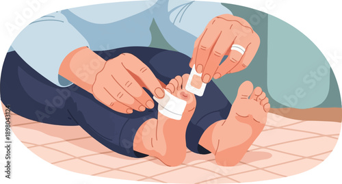 Person applying bandage to injured toe