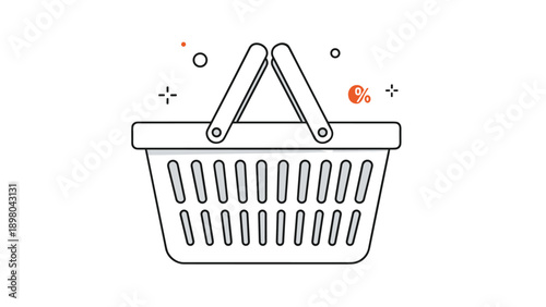 White plastic shopping basket icon with sale and discount symbols for e-commerce retail and promotional marketing concepts for store.