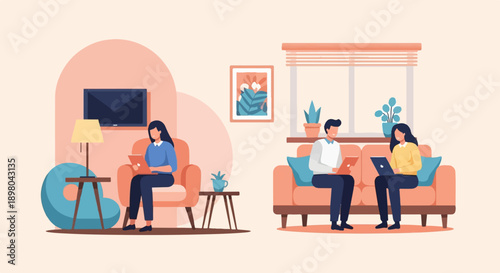 People working on laptops in a living room, a cozy and modern setting