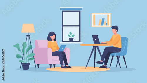 People working on laptops in a home office setting with plants and decor