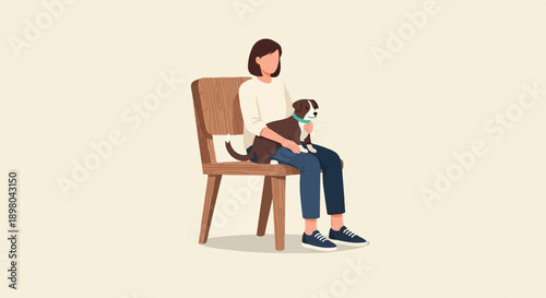 Person sitting on a wooden chair holding a small dog