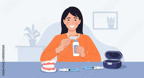 Person applying whitening gel to teeth tray with syringes and dental model