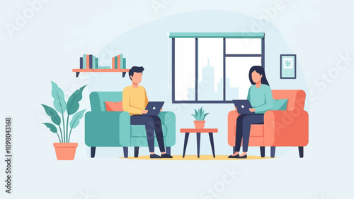 People working on laptops in a cozy, well-lit room with plants