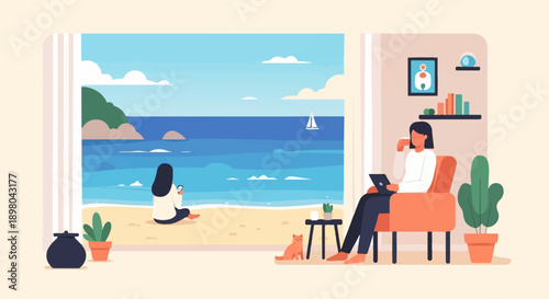 Person at home drinks coffee, uses tablet near beach view with sailboat