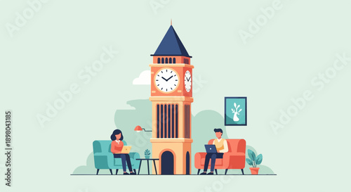 People working on laptops in a cozy setting with a large clock tower