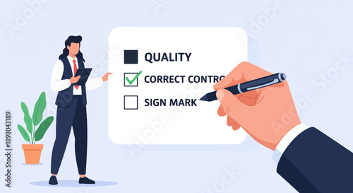Person checks off quality control list on clipboard with pen