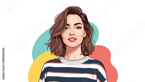 Digital portrait of a young woman with wavy brown hair wearing a striped sweater against a colorful abstract backdrop in a modern style.