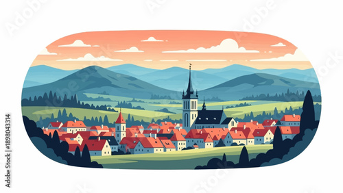 Pixelated village scene with rolling hills and distant mountains under a soft sky