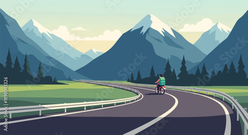 Person cycles on road through mountains with snow capped peaks