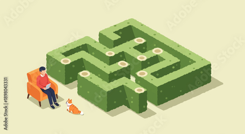 Person sits in chair with tablet, dog nearby, facing green hedge maze