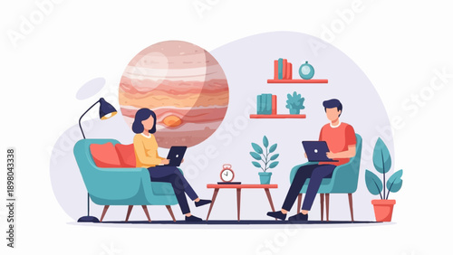 People working on laptops in a cozy room with a large planet