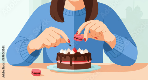 Person decorating a chocolate cake with macarons and frosting