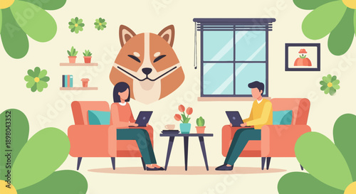 People working on laptops in a cozy room with a dog illustration and plants