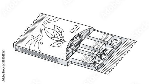 Open plastic package containing several individually wrapped mints or small candies in a detailed black and white line drawing style.