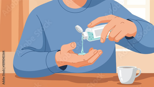 Person dispensing hand sanitizer into their palm, a cup of coffee nearby