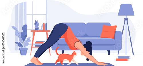 Person doing yoga in downward dog pose with cat in a living room