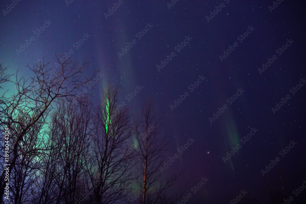 Fototapeta premium Aurora borealis, polar lights with Milky Way stars.